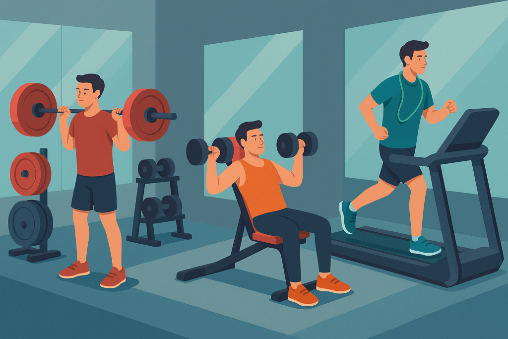 Ilustración isométrica de gimnasio con zonas para fuerza, volumen y definición.