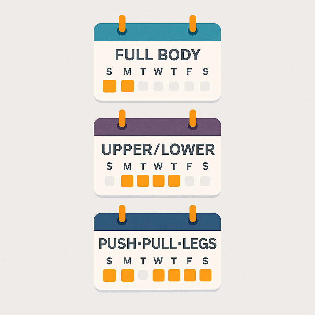  Ilustración comparativa de calendarios para rutinas Full Body, Upper/Lower y Push-Pull-Legs.