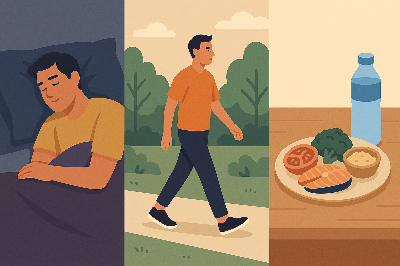  Ilustración de descanso, actividad ligera y alimentación saludable para recuperación muscular.