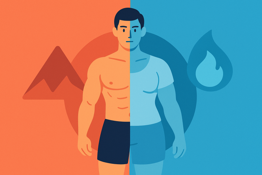 Ilustración de persona mostrando equilibrio entre ganancia muscular y pérdida de grasa.