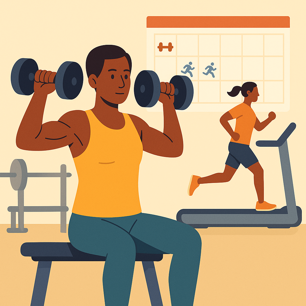  Ilustración de entrenamiento combinado de fuerza y cardio en gimnasio. Perfecto para reflejar como perder grasa y ganar músculo