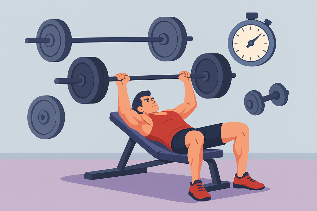 Atleta entrenando press banca con barra para ganar masa muscular.