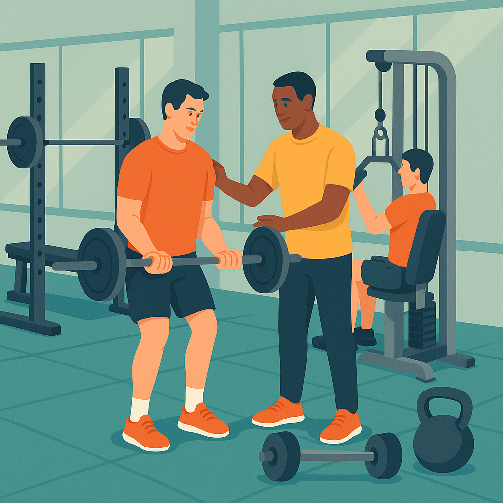  Entrenador guiando combinación de peso libre y máquinas.