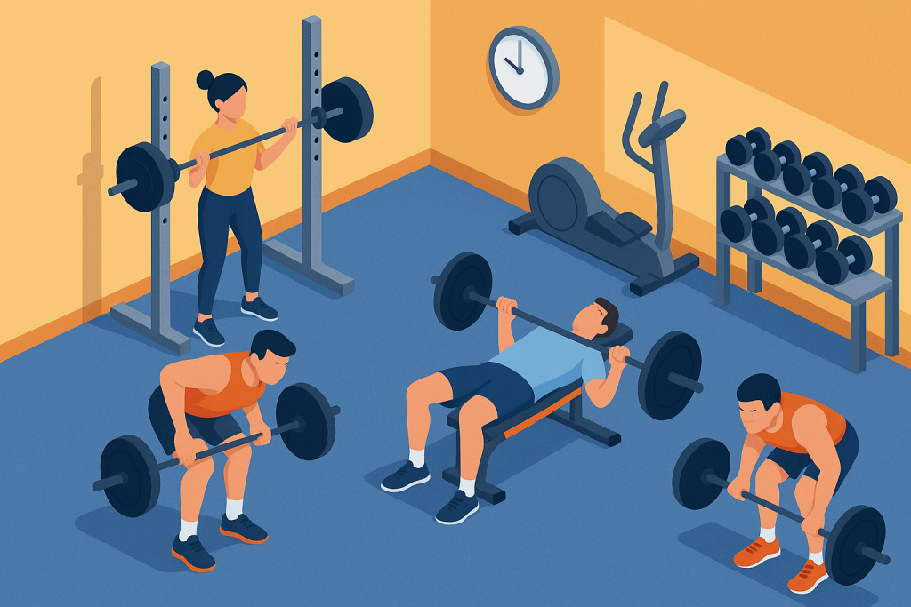 Ilustración de un gimnasio con personas entrenando: sentadillas, press banca y remo con barra, destacando el entrenamiento de fuerza en grupo.