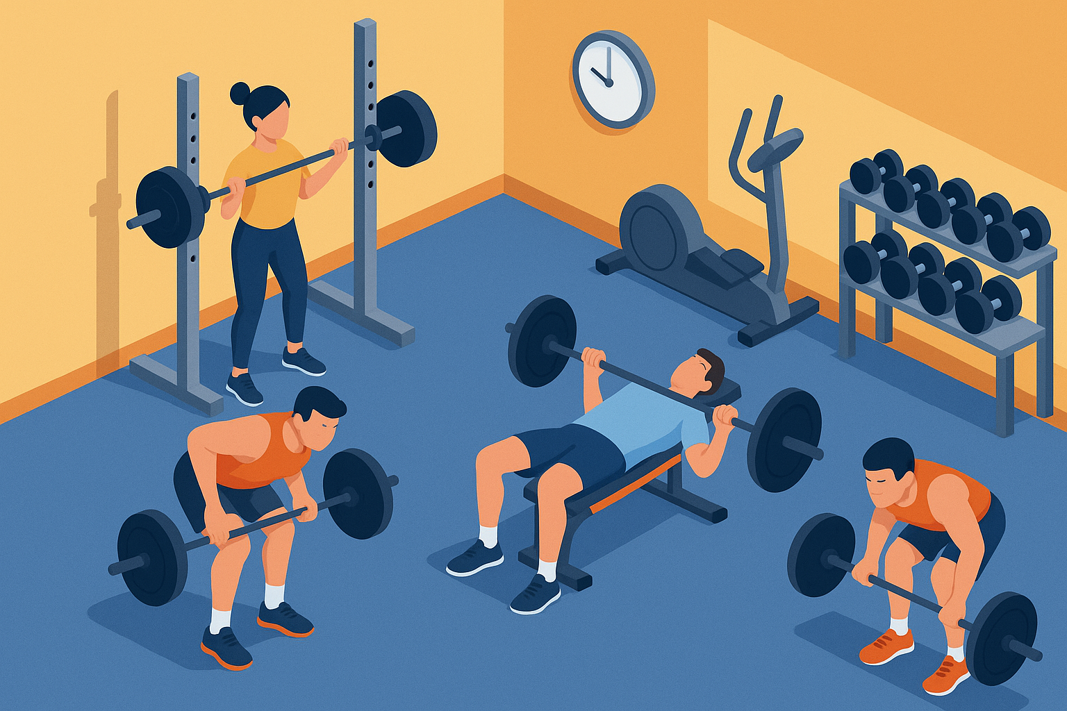 Ilustración de un gimnasio con personas entrenando: sentadillas, press banca y remo con barra, destacando el entrenamiento de fuerza en grupo.