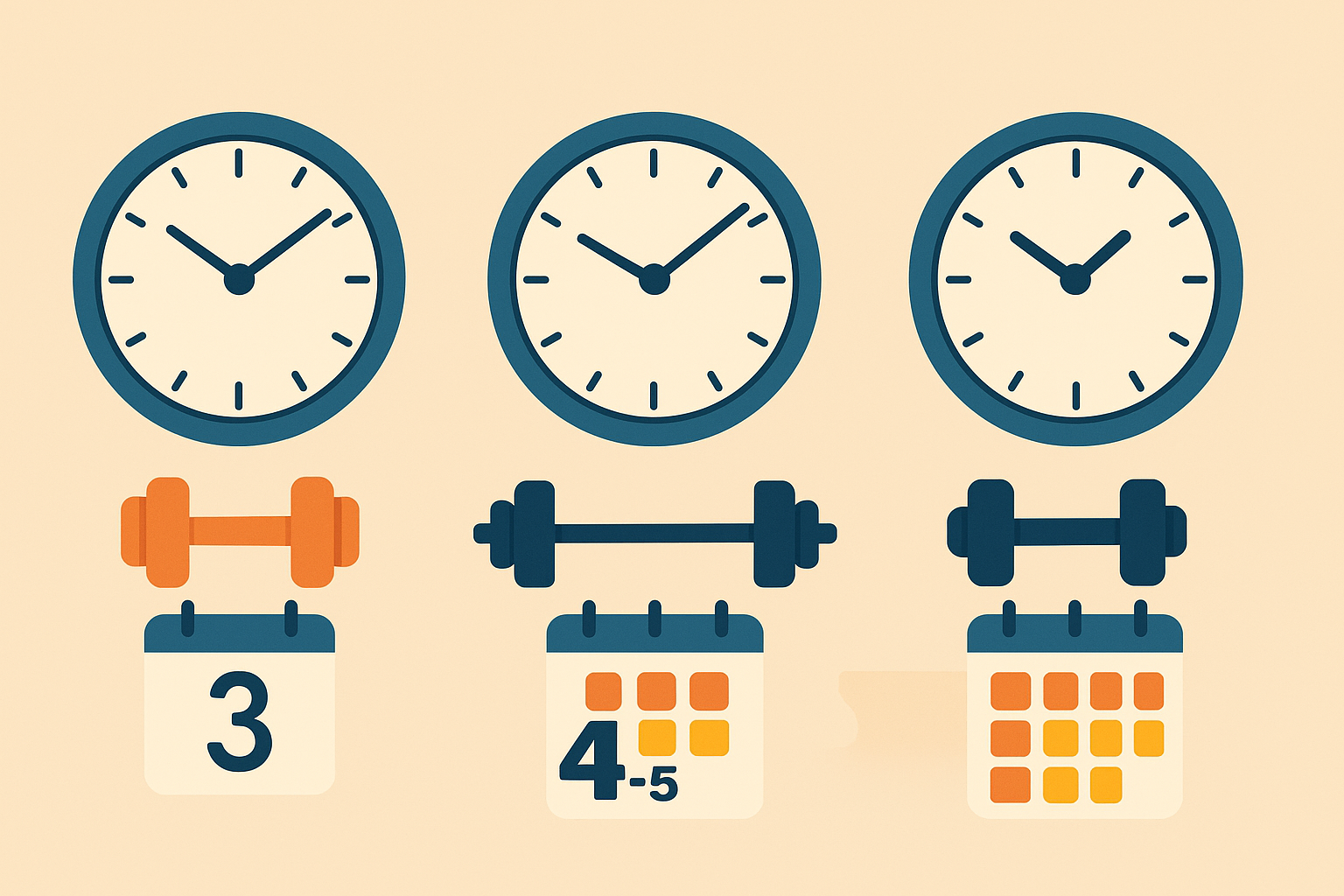 Gráfico con tres relojes y calendarios mostrando diferentes frecuencias de entrenamiento: 3 días, 4-5 días y 6 días por semana.