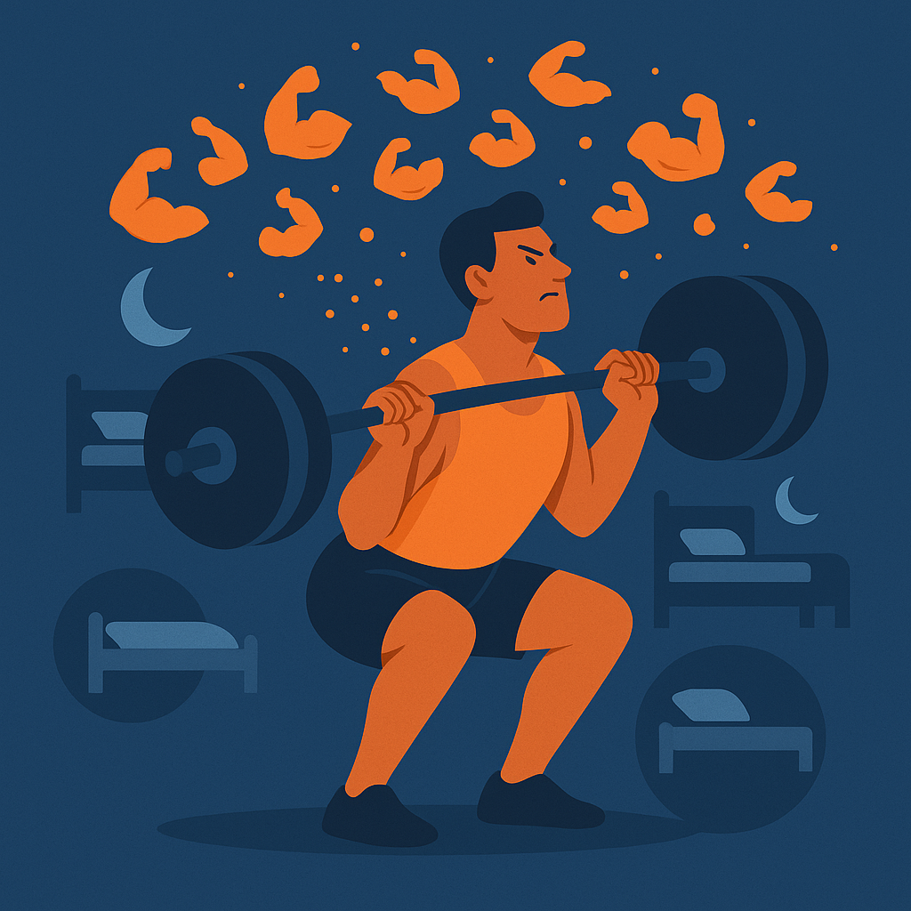 Ilustración de hombre haciendo sentadillas con barra, rodeado de iconos de descanso y fuerza muscular, simbolizando la relación entre entrenamiento y crecimiento.