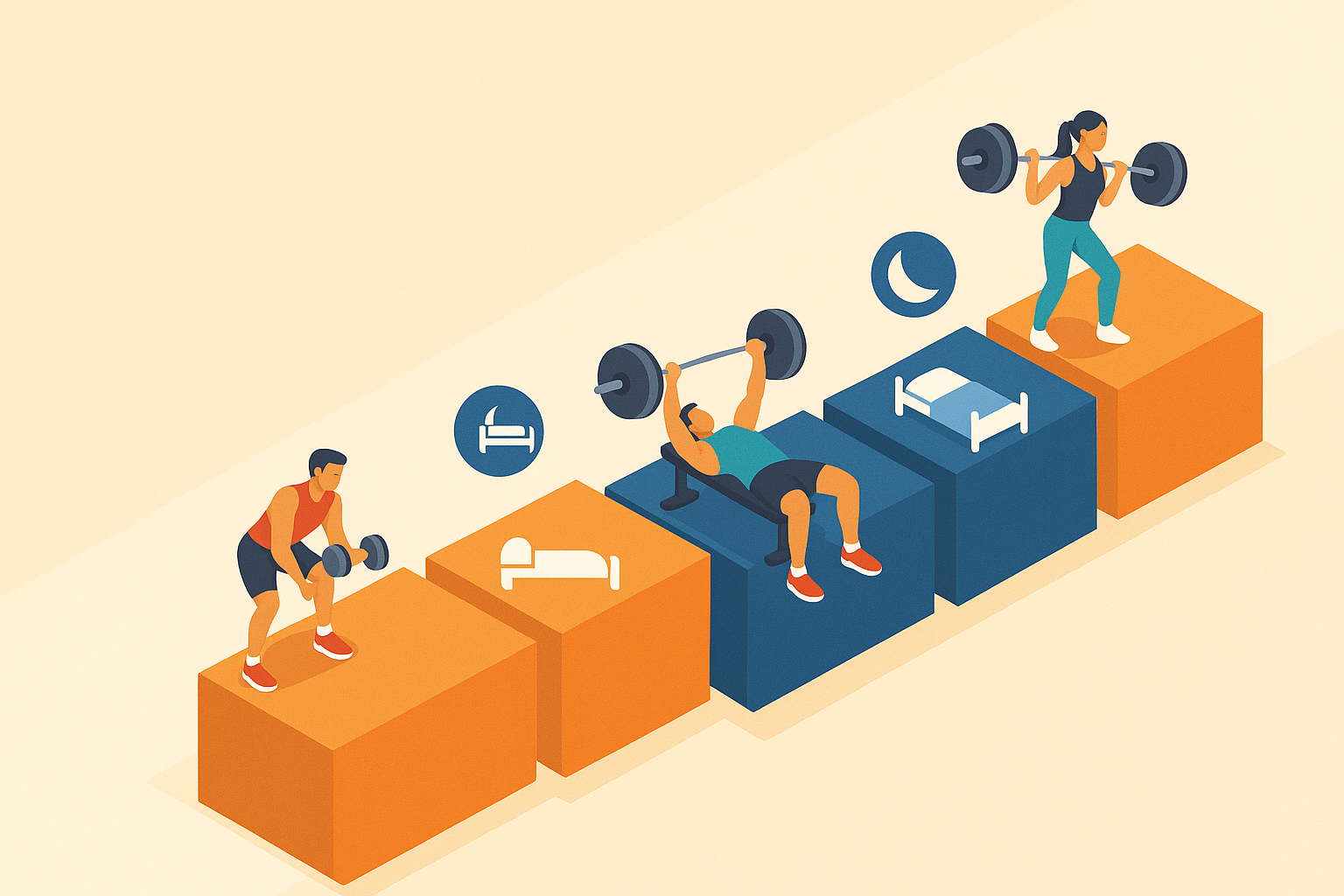 Ilustración de tres personas entrenando con pesas y descansando entre sesiones, representando la importancia del ejercicio y el descanso para ganar masa muscular.