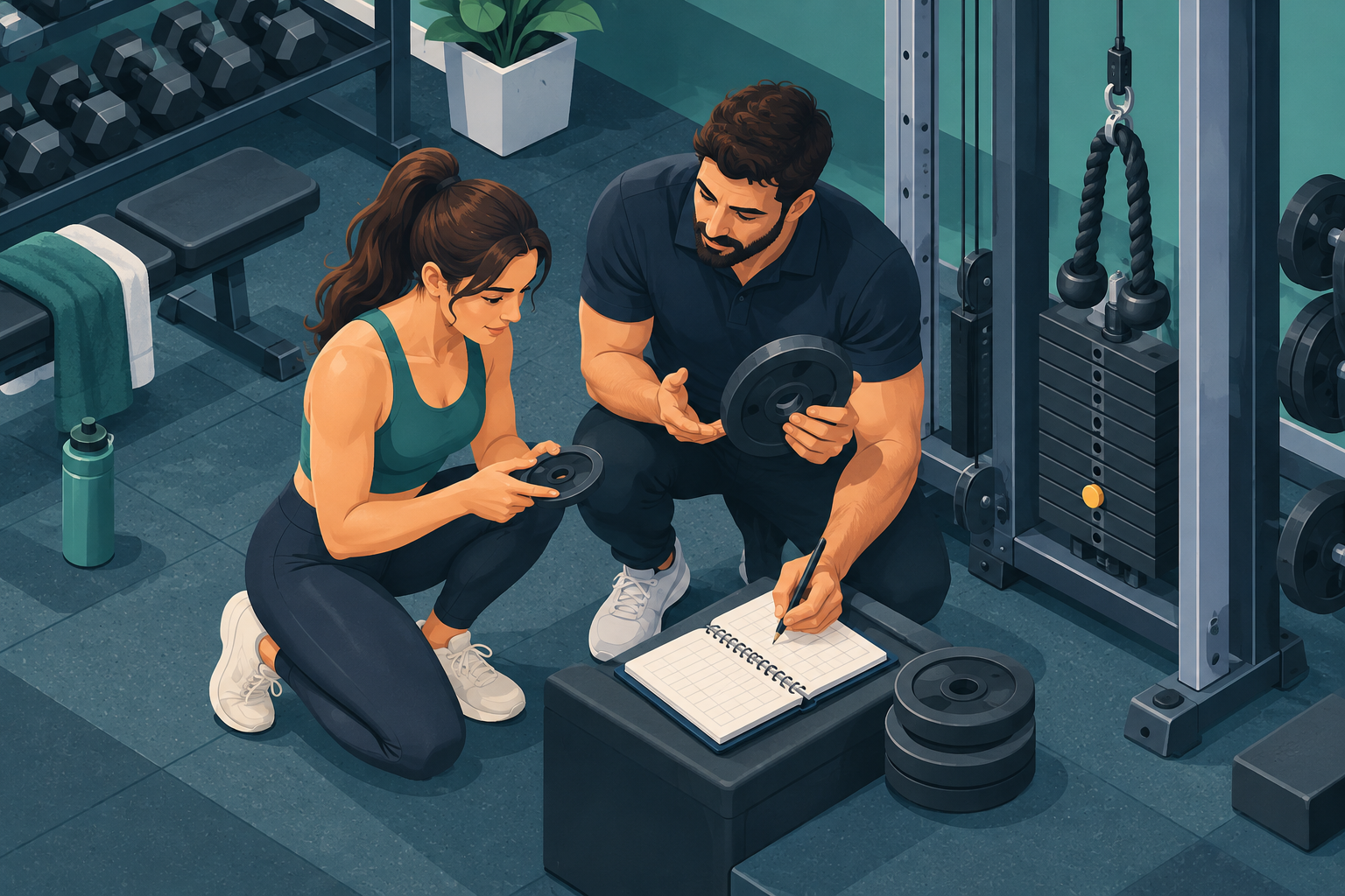 Entrenador y deportista ajustando pequeños discos junto a un registro de entrenamiento