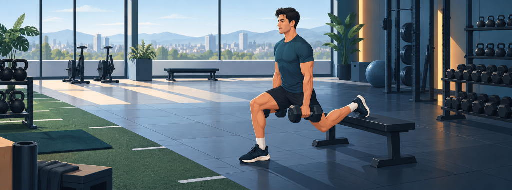 Persona realizando una sentadilla búlgara con mancuernas en el gimnasio