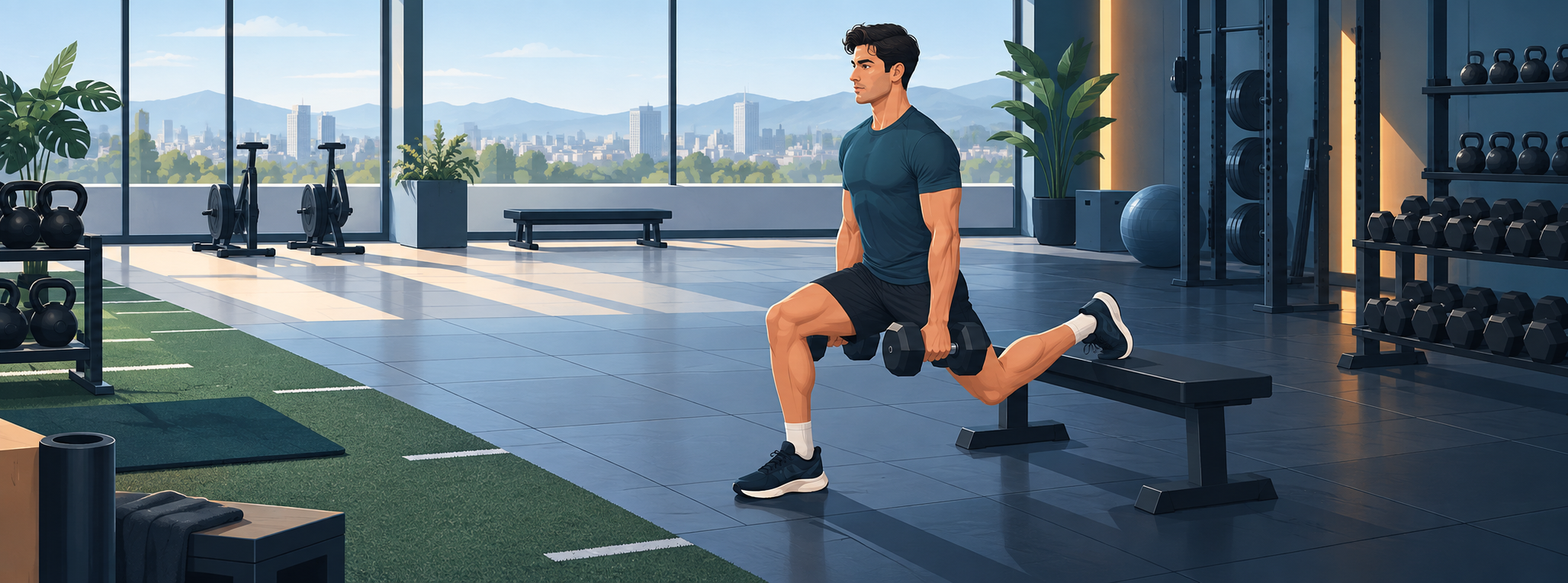 Persona realizando una sentadilla búlgara con mancuernas en el gimnasio