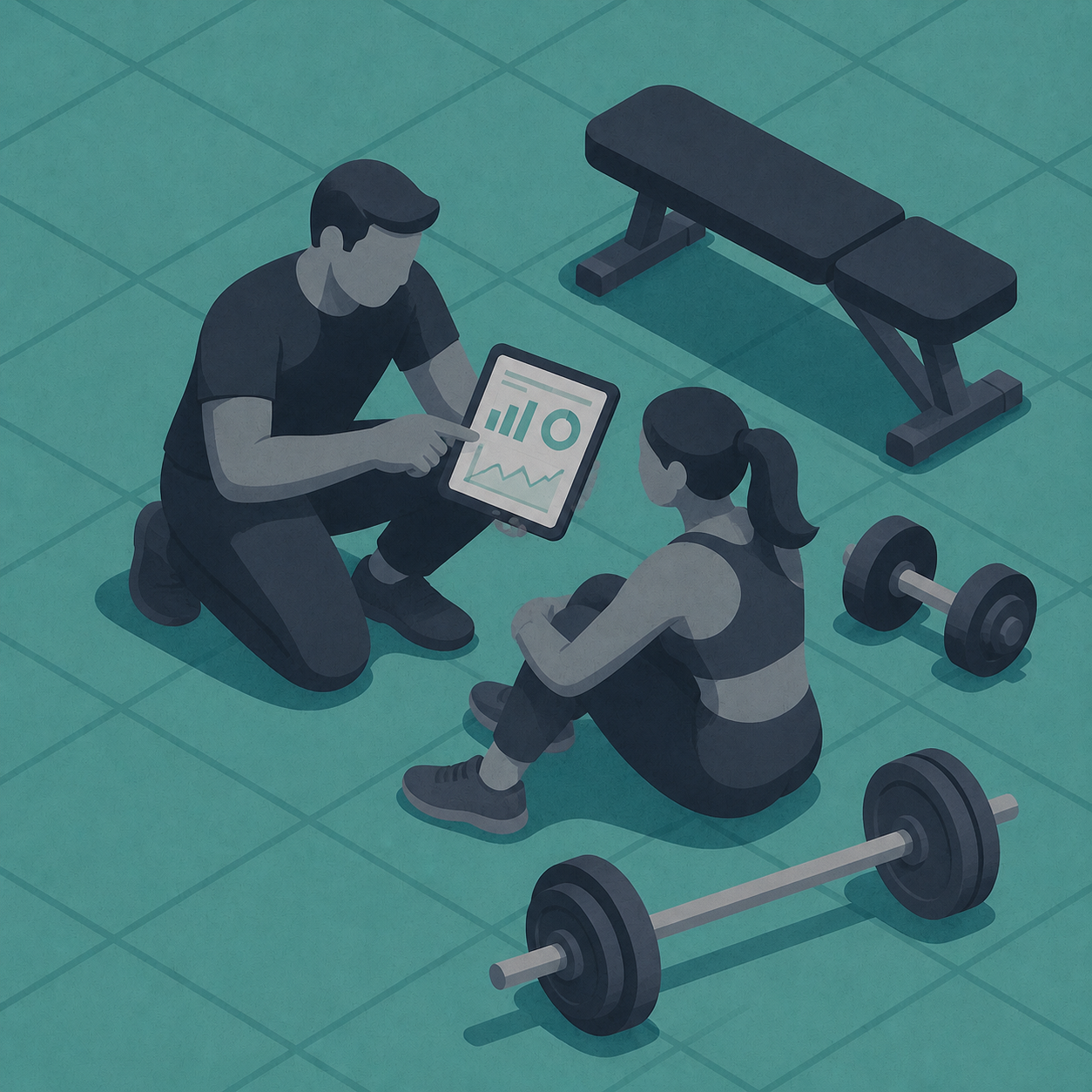 Ilustración isométrica de un entrenador personal online planificando hipertrofia