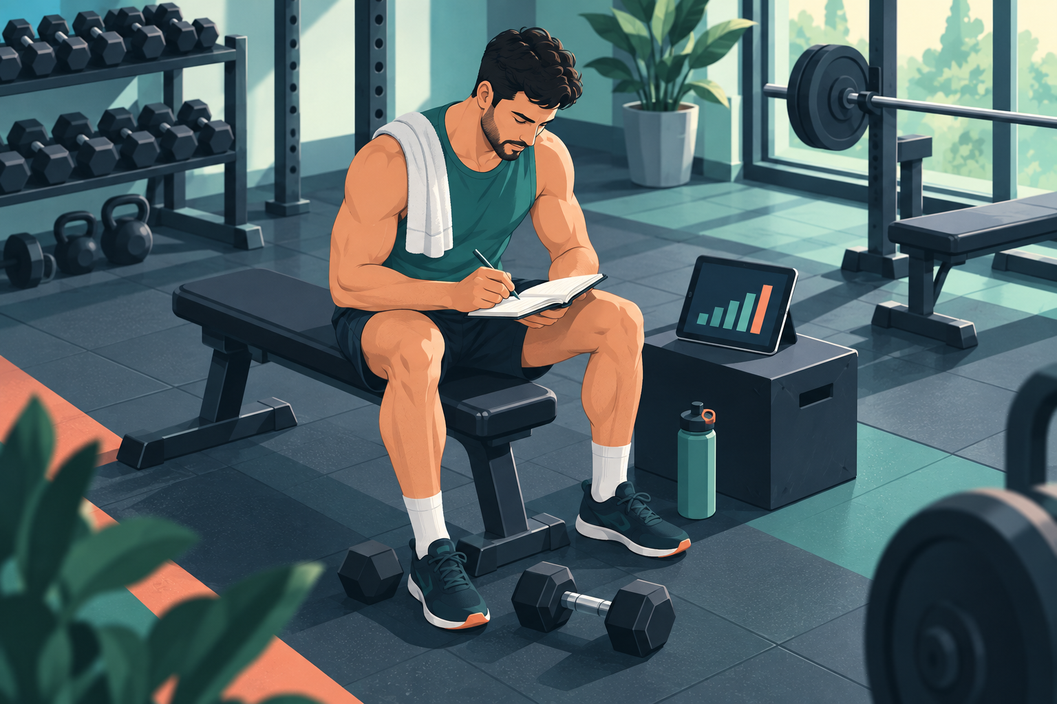 Deportista anotando una sesión de fuerza junto a material de gimnasio