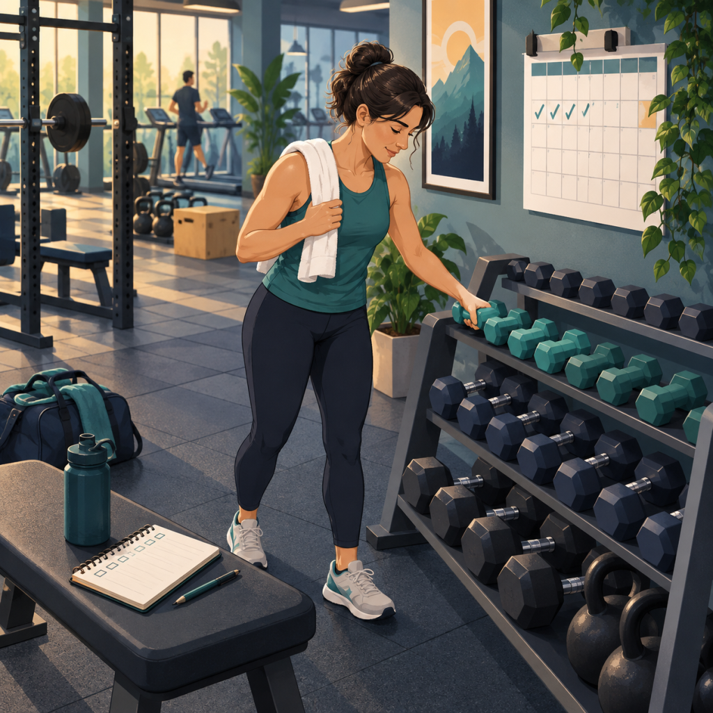 Persona retoma el gimnasio con mancuernas ligeras y un plan semanal