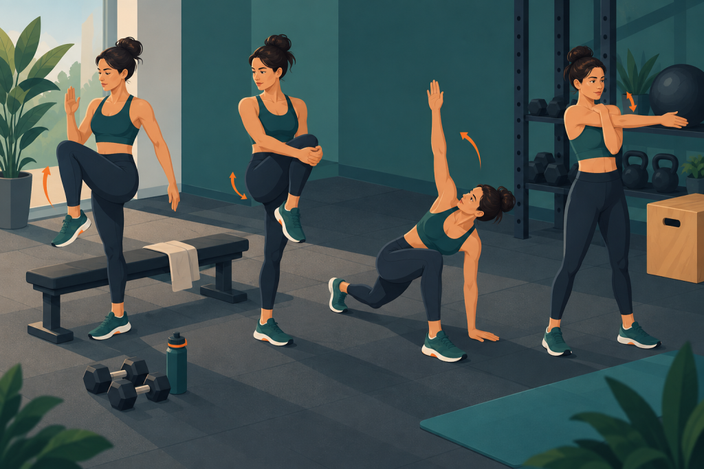 Persona realizando movilidad dinámica de cadera y hombros antes de entrenar fuerza