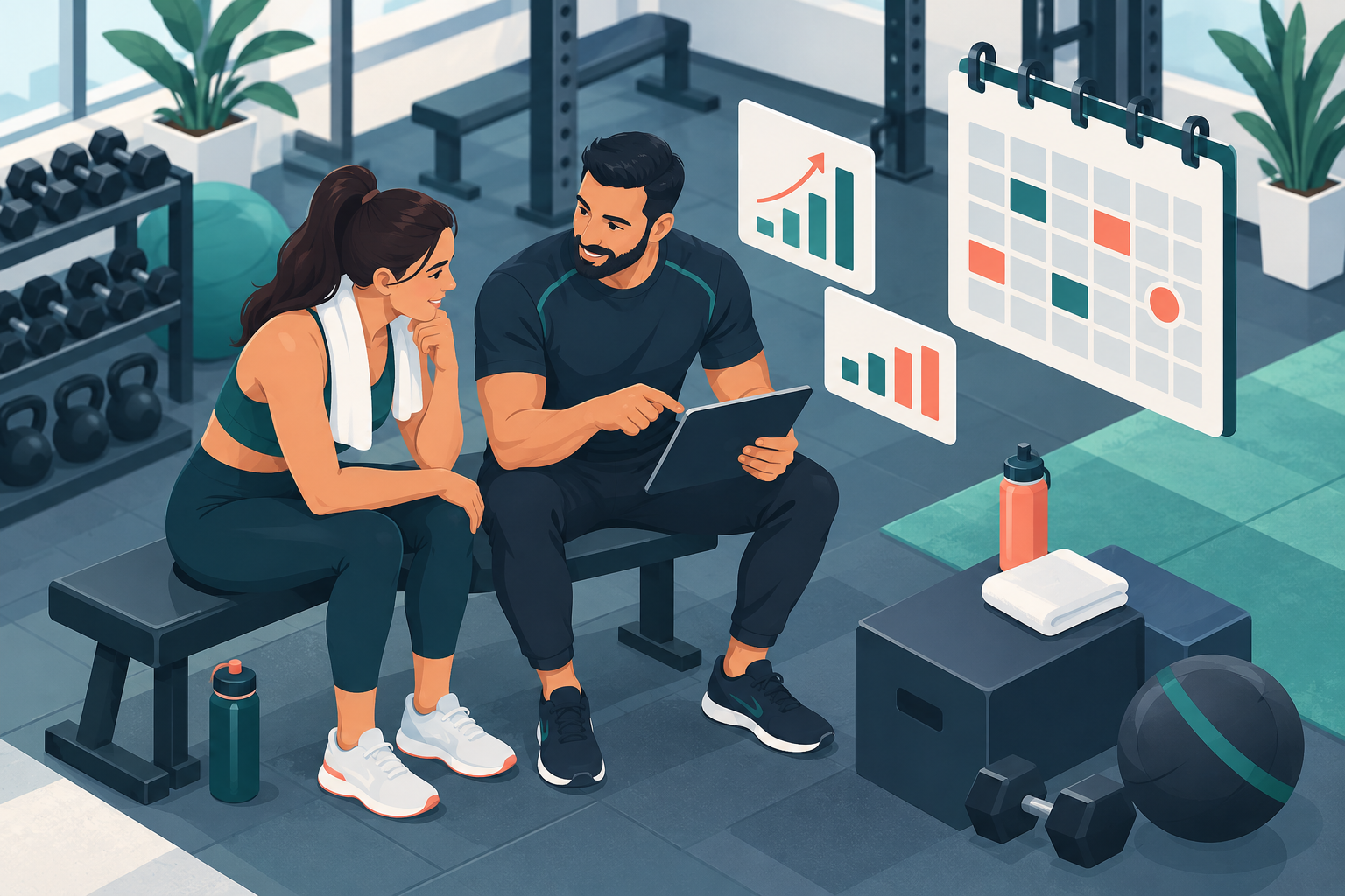 Entrenador y deportista revisando juntos la evolución del entrenamiento