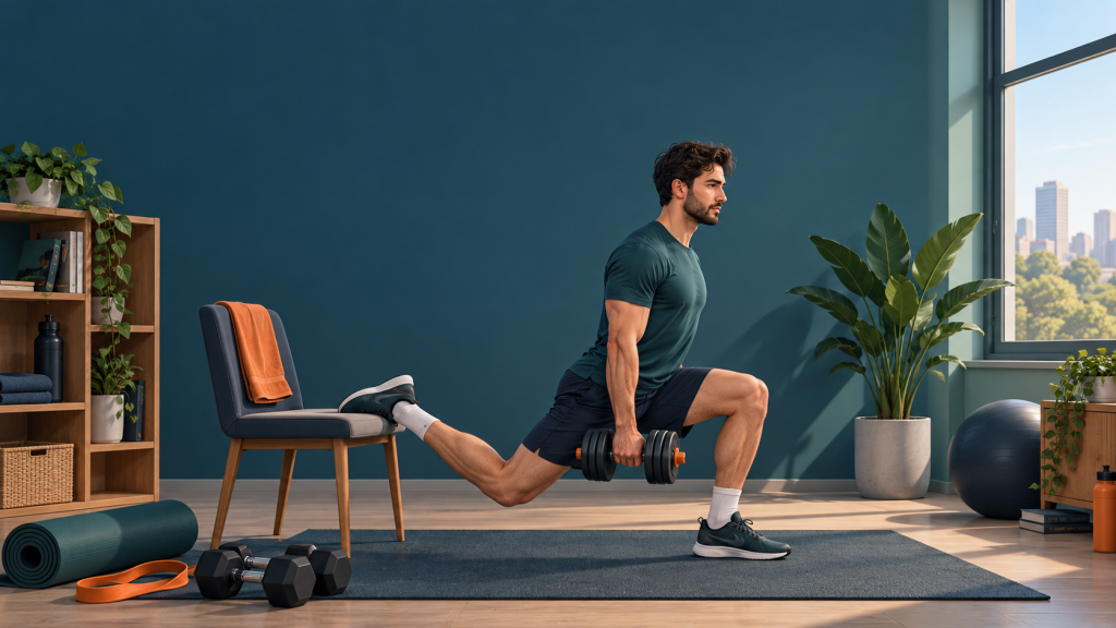 Entrenamiento en casa con mancuernas ajustables, bandas elásticas y una silla firme