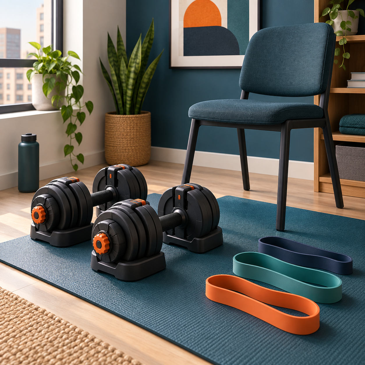 Mancuernas ajustables, bandas y silla firme en un rincón de entrenamiento doméstico