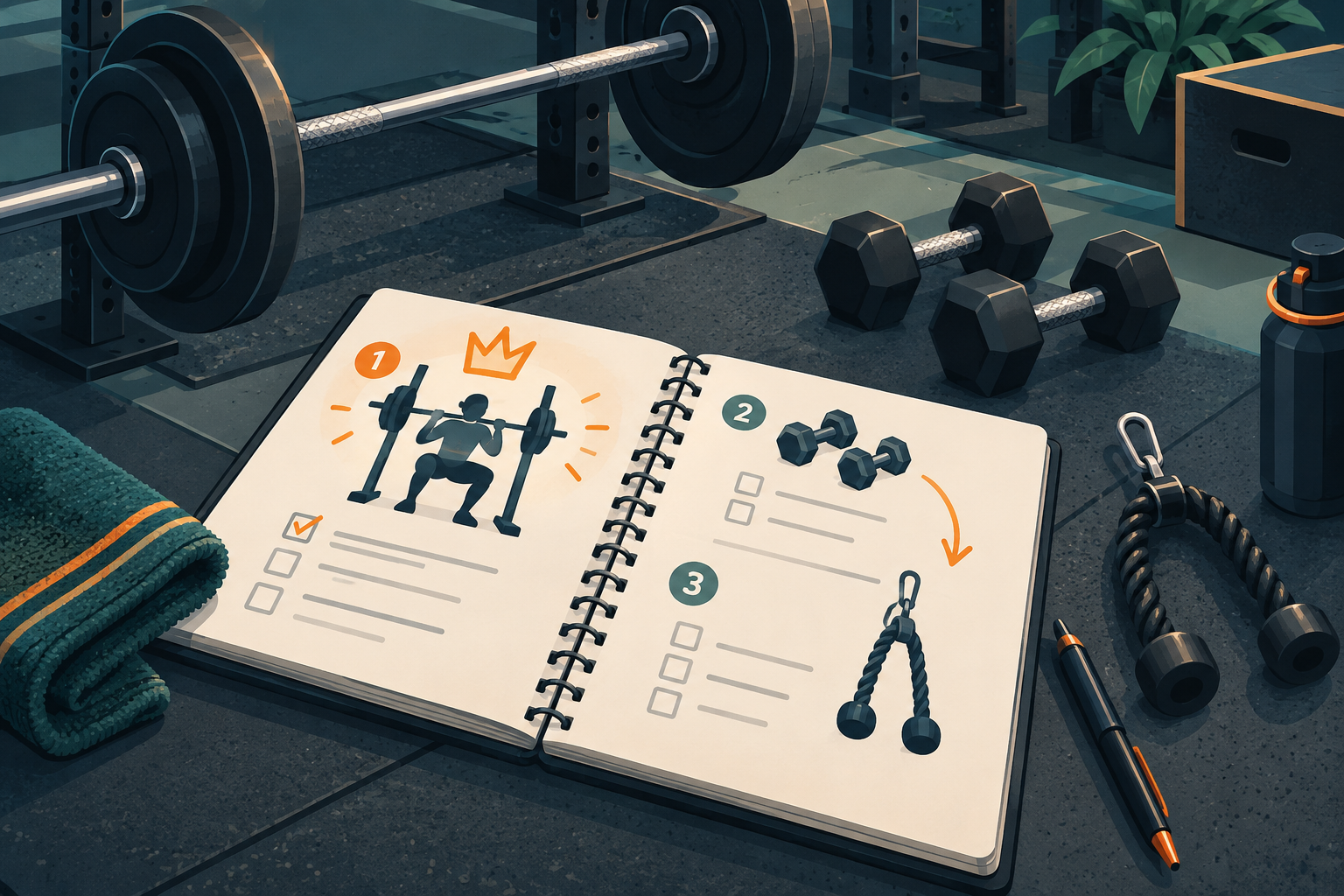 Cuaderno de planificación de ejercicios junto a mancuernas y accesorios de gimnasio