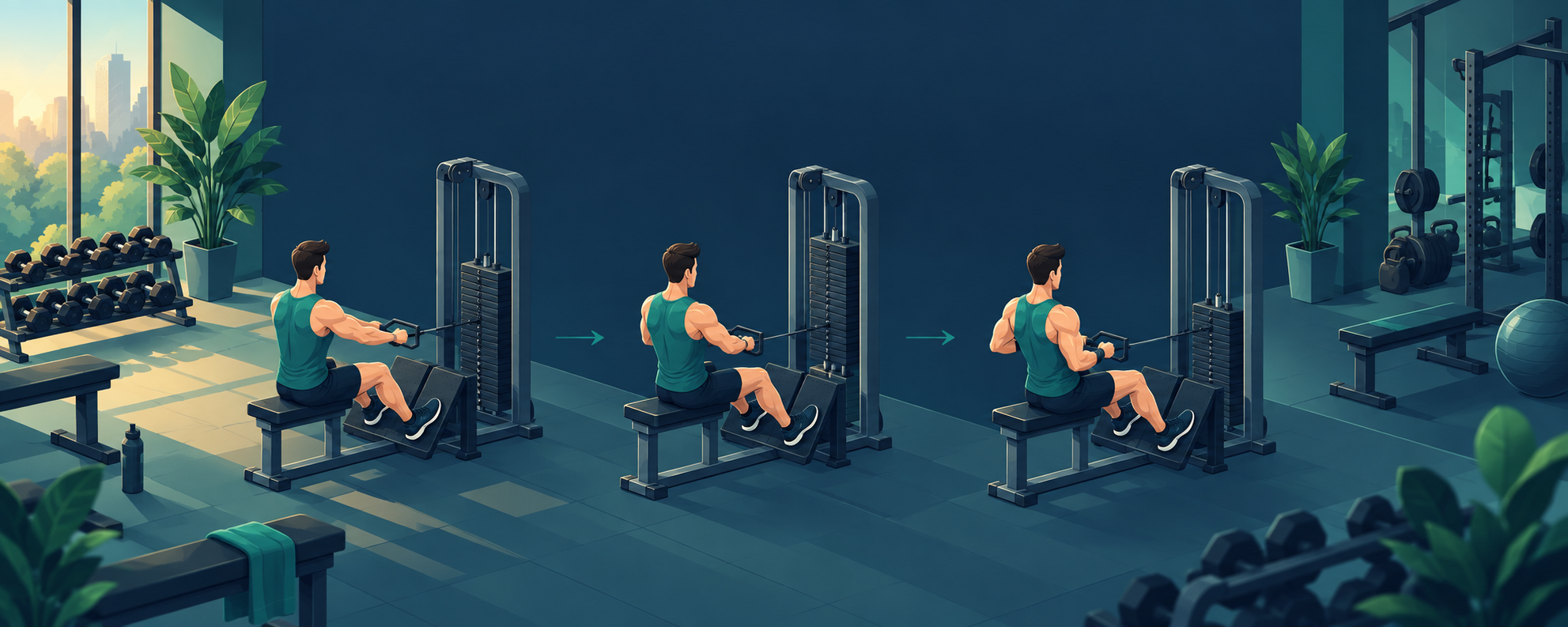 Ilustración isométrica de una persona entrenando en máquina de remo