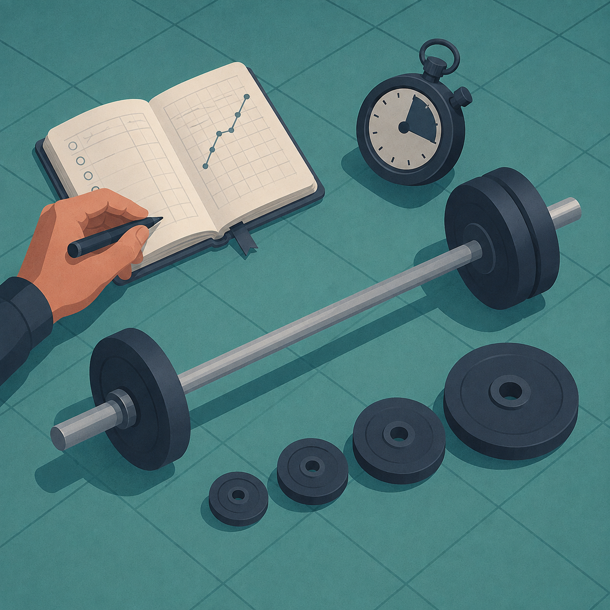 Cuaderno de entrenamiento con una progresión de cargas registrada