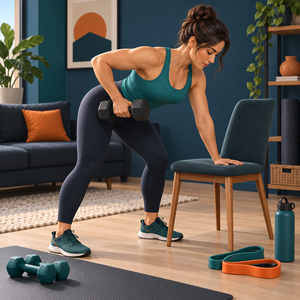 Remo con mancuerna apoyada en una silla para entrenar en casa
