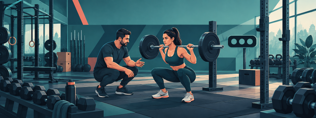 Entrenador y deportista realizan una sentadilla controlada en el gimnasio