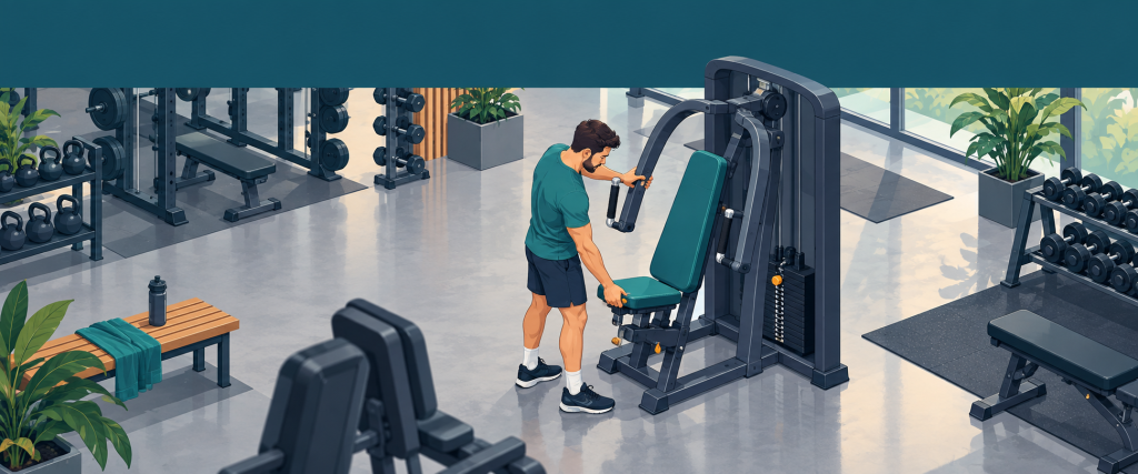 Persona ajustando una máquina de gimnasio antes de usarla por primera vez