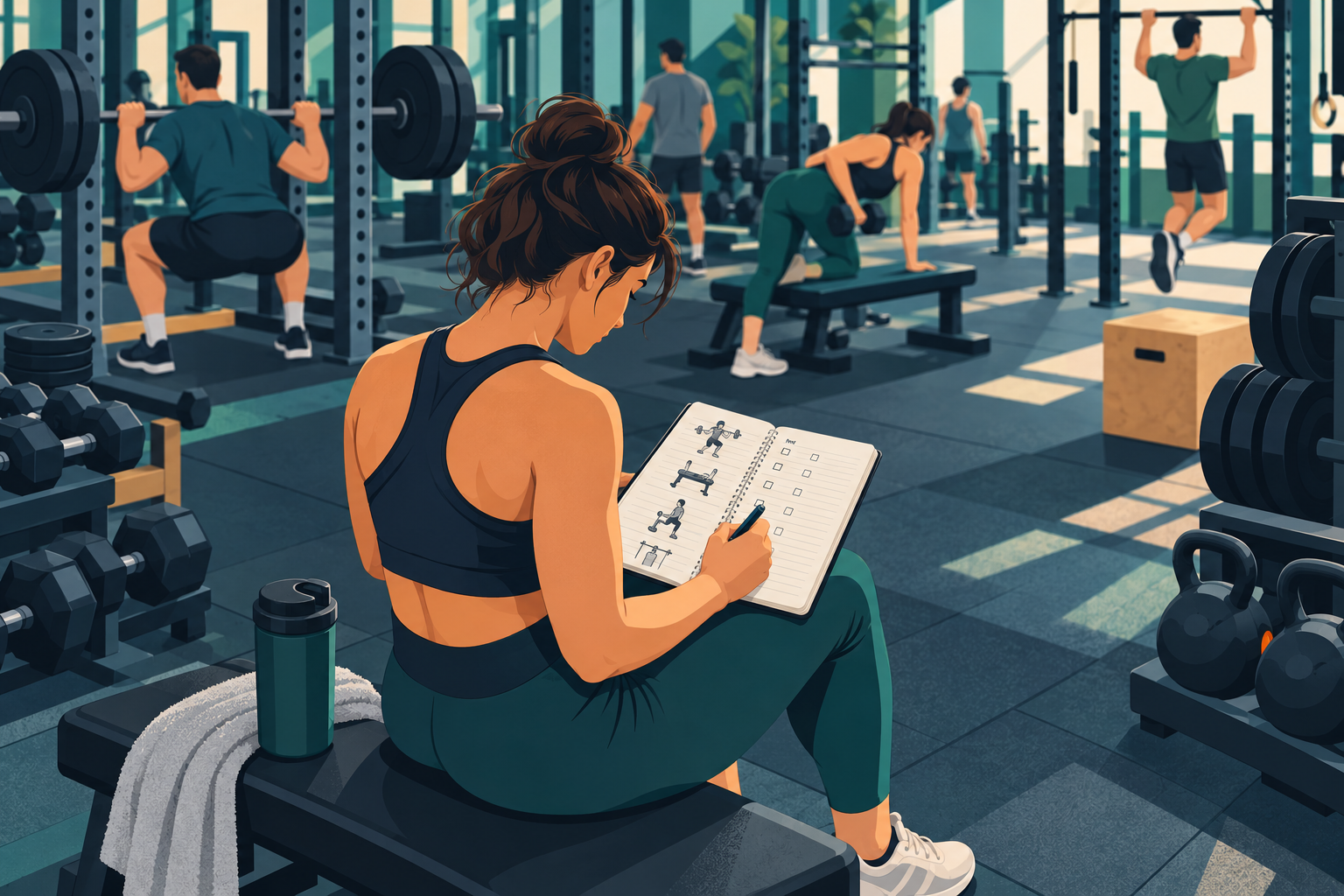 Deportista anota los ejercicios y el trabajo realizado durante su sesión