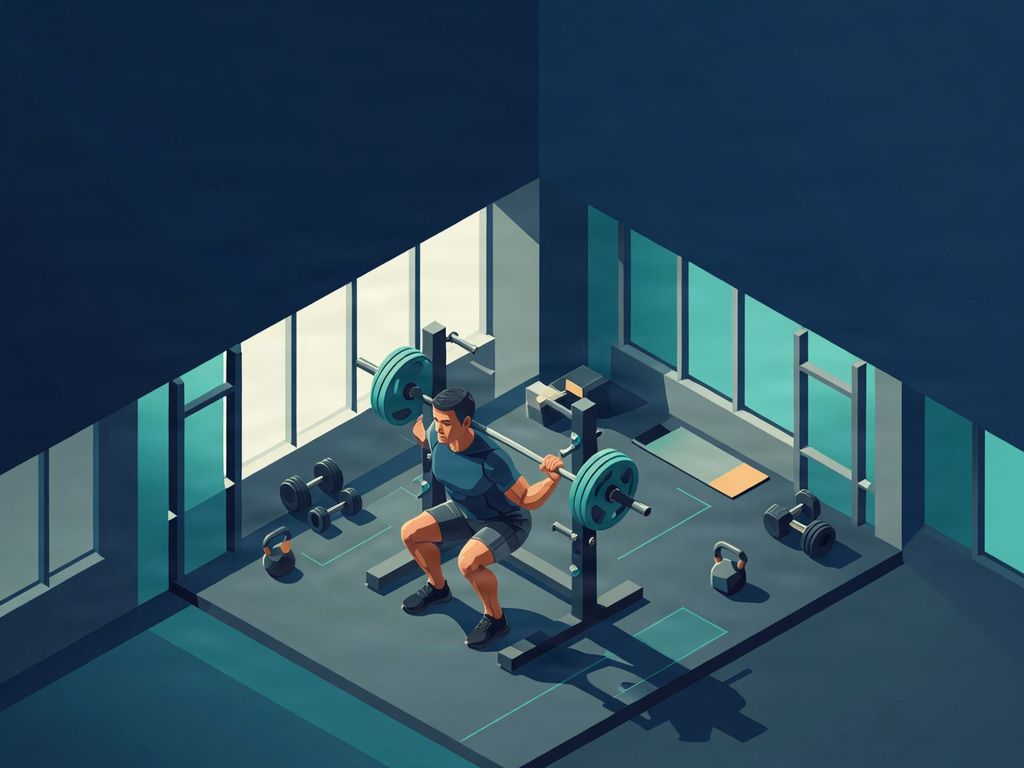 Persona entrena sola en un rack de gimnasio con brazos de seguridad y barra