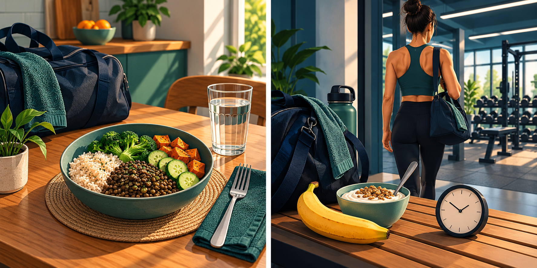 Comida sencilla y tentempié representados en dos escenas para planificar antes del gimnasio