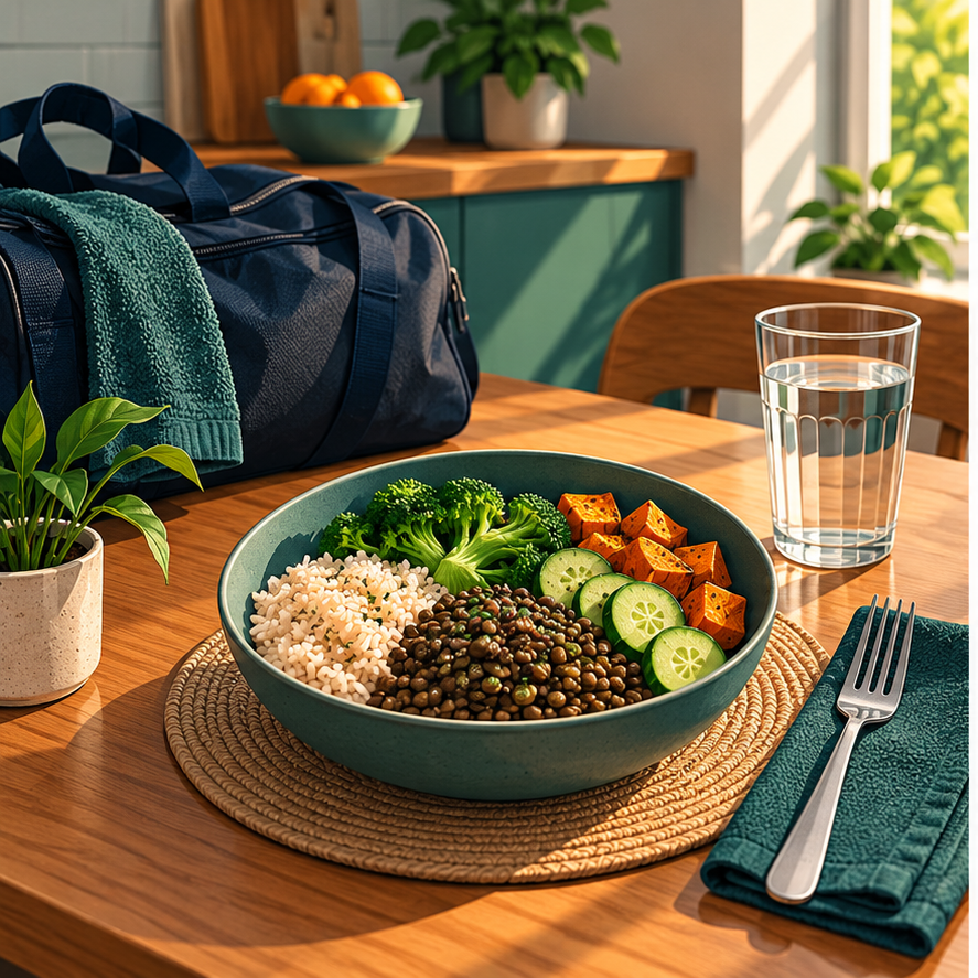 Plato de arroz, legumbres y verduras junto a una bolsa de gimnasio, como ejemplo de comida previa