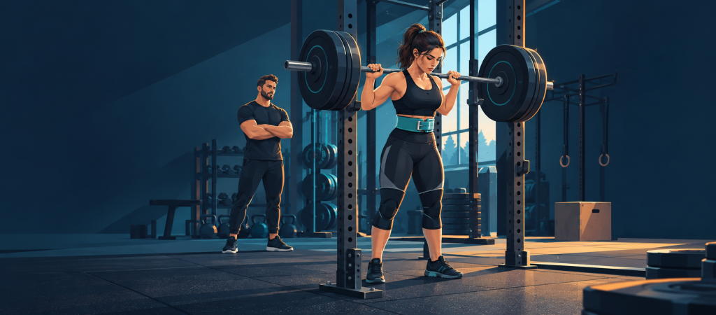 Ilustración panorámica de una persona preparándose para una sentadilla con cinturón en un gimnasio.