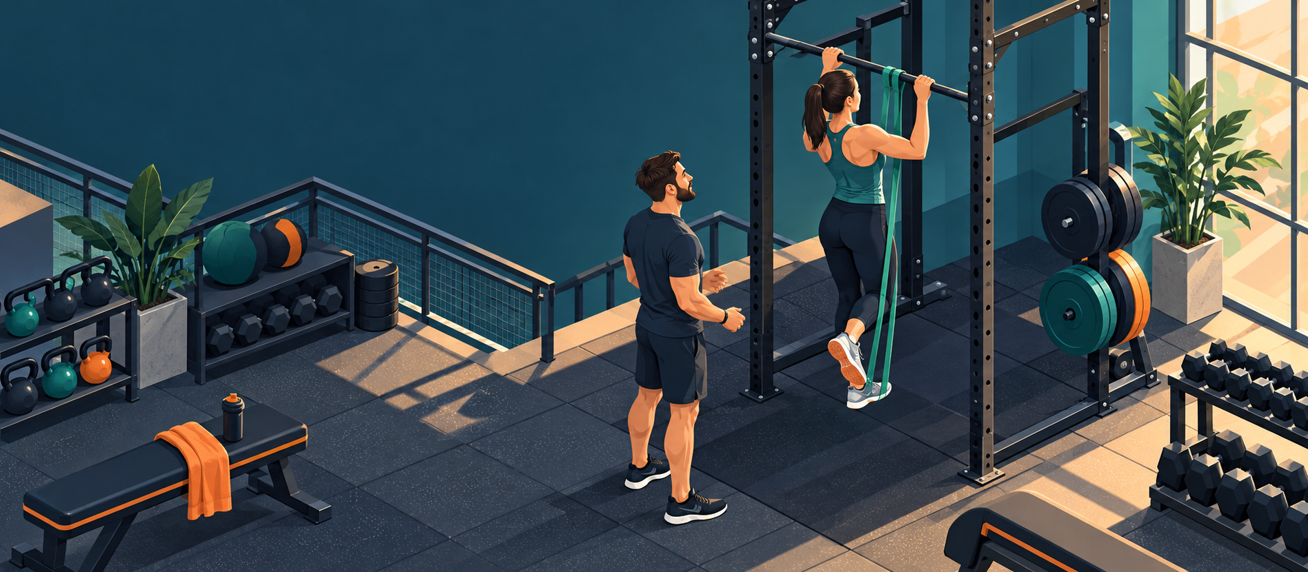 Persona practica una dominada asistida con banda elástica en el gimnasio