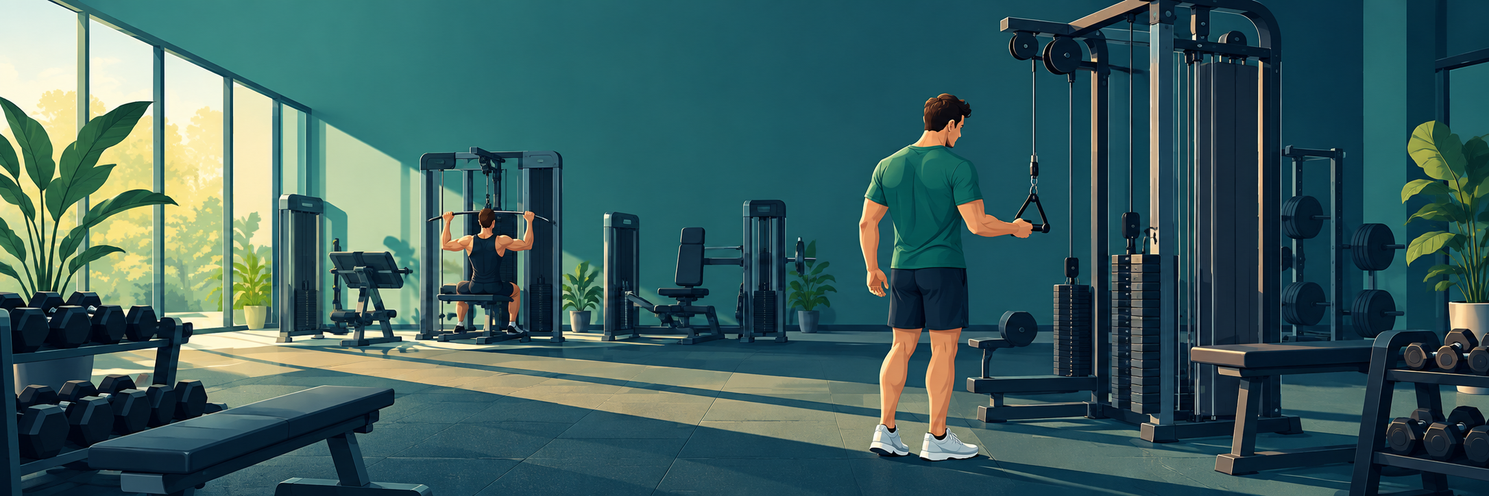 Persona adapta su sesión de fuerza y elige una estación de polea disponible en el gimnasio.