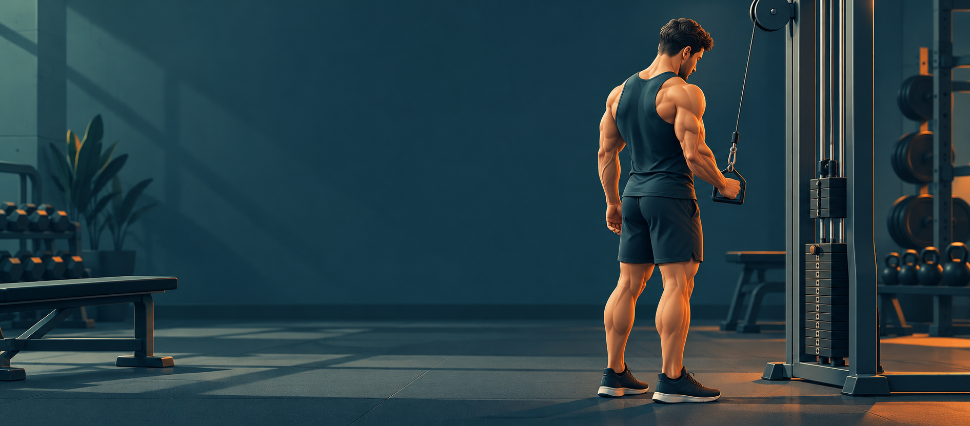 Atleta realizando una extensión unilateral de tríceps con asa en una polea alta.