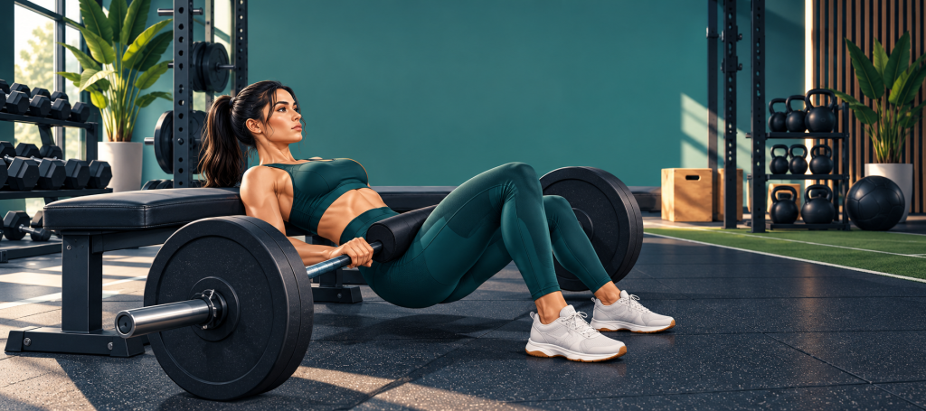 Hip thrust con barra en un gimnasio, con espacio limpio para la cabecera