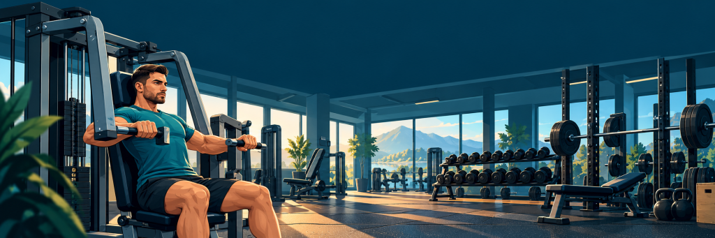 Máquina de press, mancuernas y barra en un gimnasio