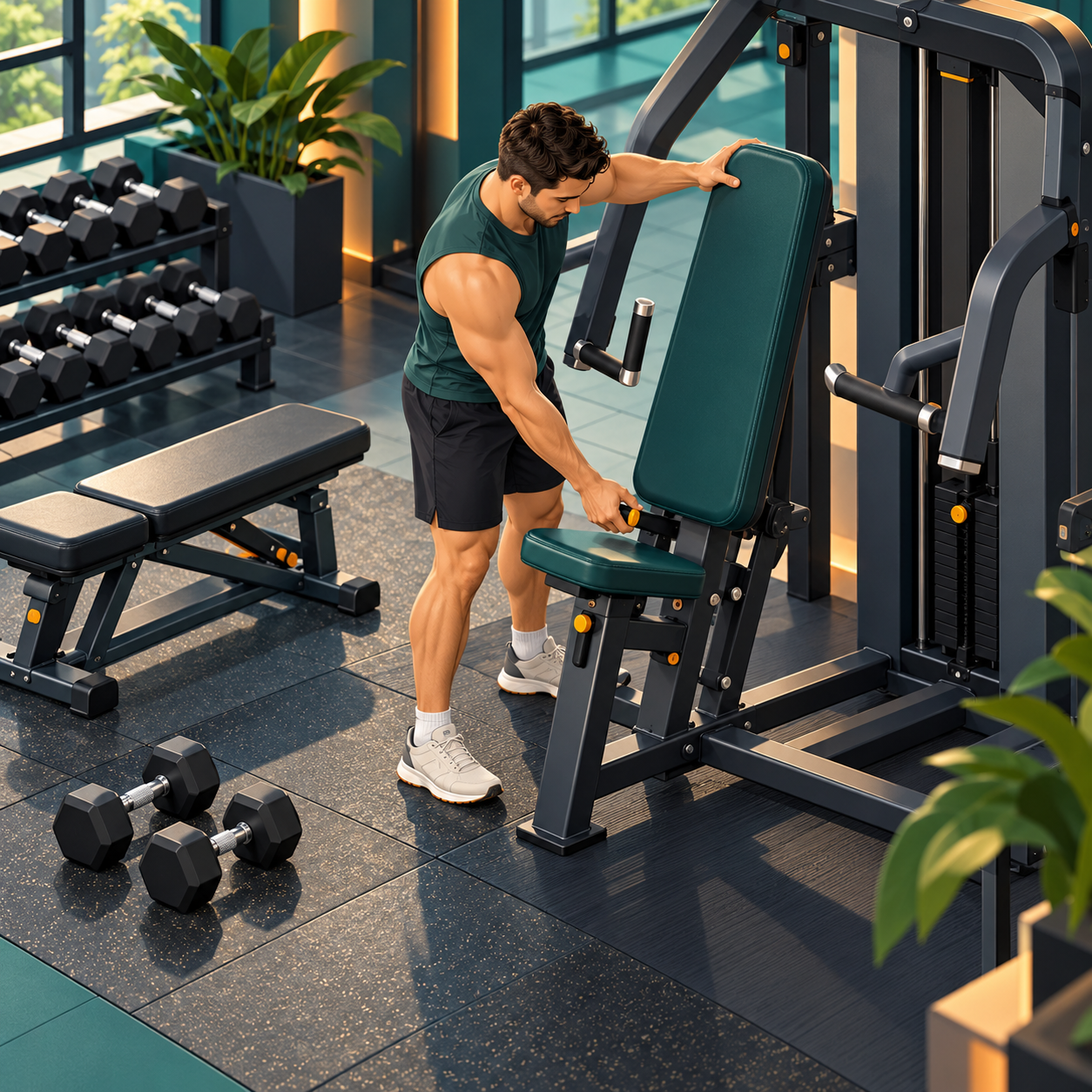 Deportista ajusta el asiento de una máquina de press en el gimnasio