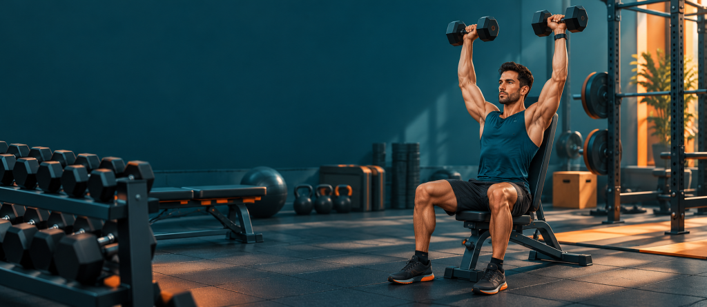 Persona haciendo press militar sentado con mancuernas en un gimnasio
