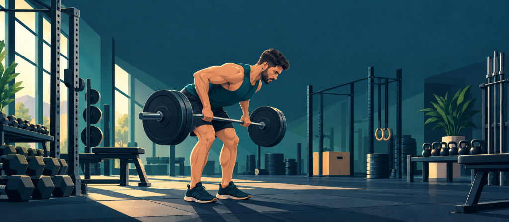 Remo con barra en un gimnasio, con el tronco inclinado y estable