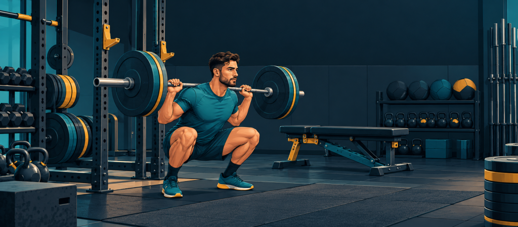 Ilustración panorámica de una persona haciendo una sentadilla con barra en un gimnasio