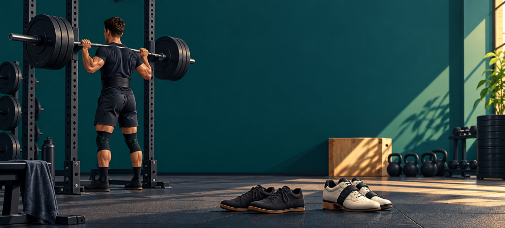 Sala de fuerza con calzado plano y zapatillas de halterofilia junto a un rack de sentadilla