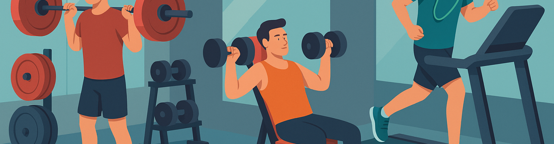 Ilustración isométrica de gimnasio con zonas para fuerza, volumen y definición.