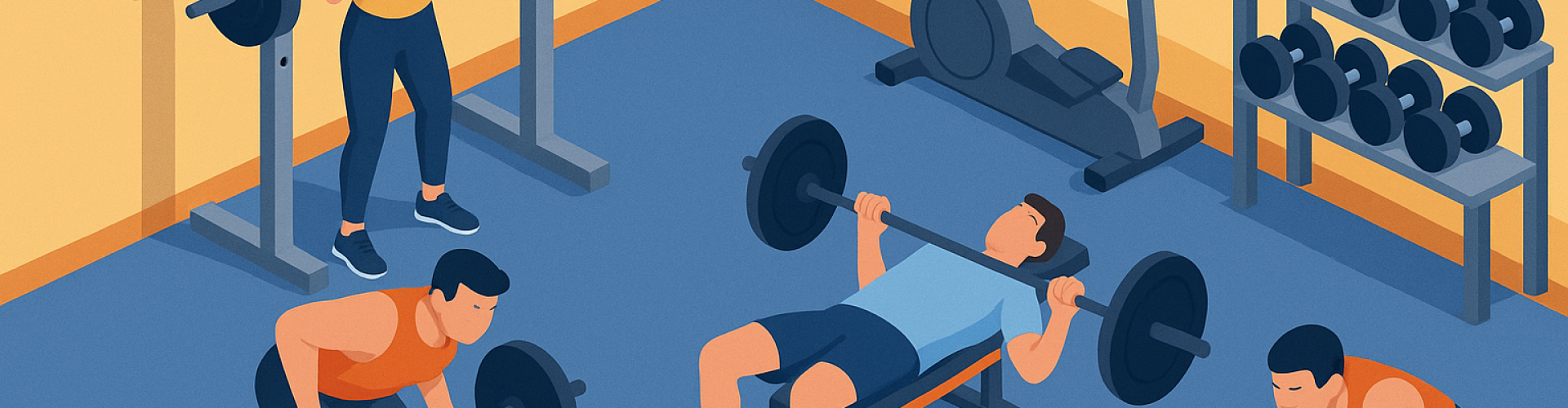 Ilustración de un gimnasio con personas entrenando: sentadillas, press banca y remo con barra, destacando el entrenamiento de fuerza en grupo.