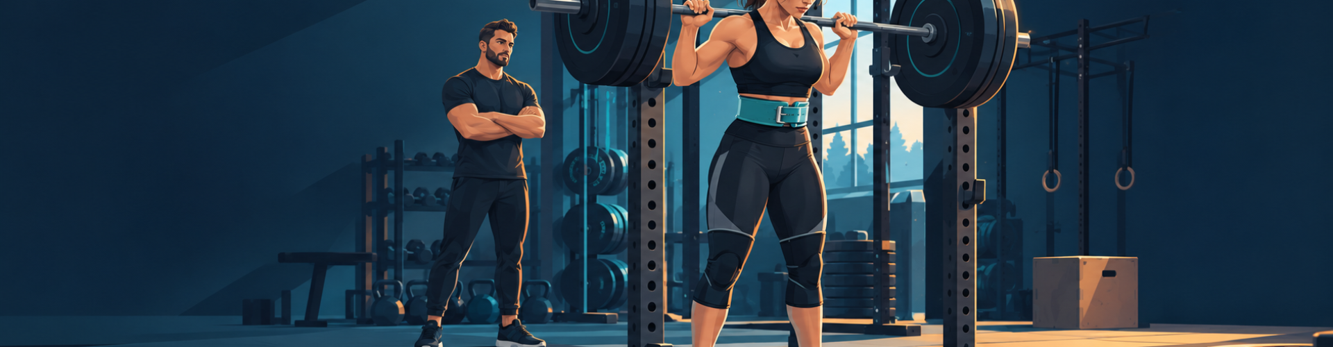 Ilustración panorámica de una persona preparándose para una sentadilla con cinturón en un gimnasio.