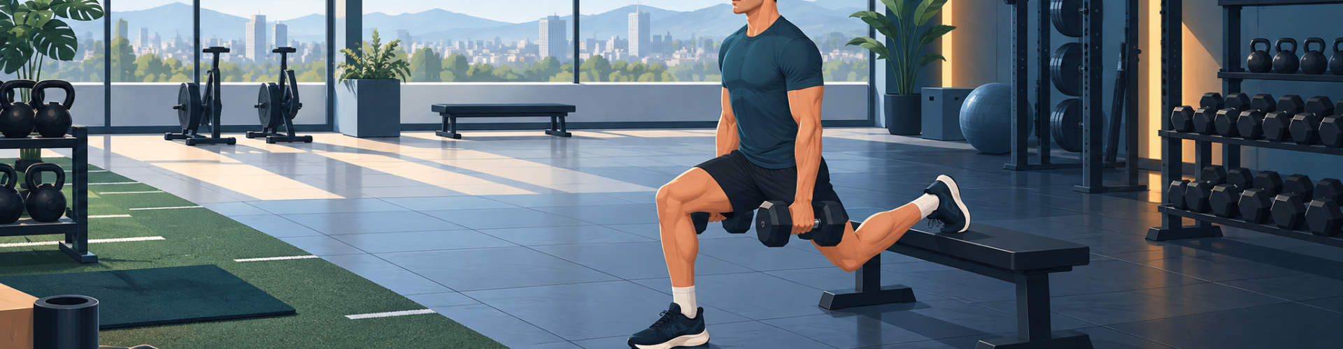 Persona realizando una sentadilla búlgara con mancuernas en el gimnasio