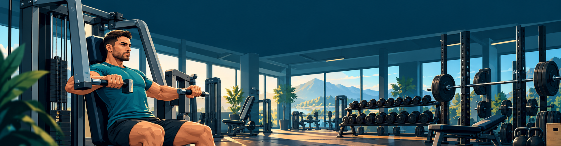 Máquina de press, mancuernas y barra en un gimnasio