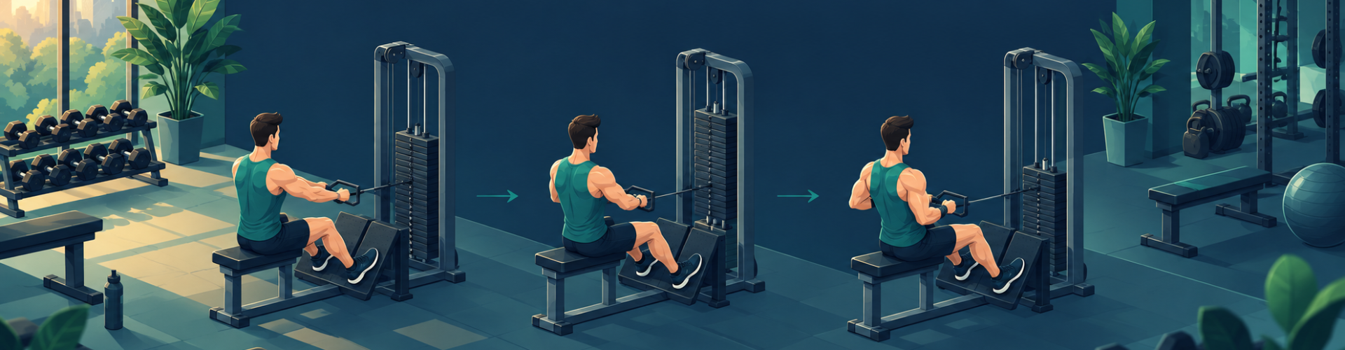 Ilustración isométrica de una persona entrenando en máquina de remo