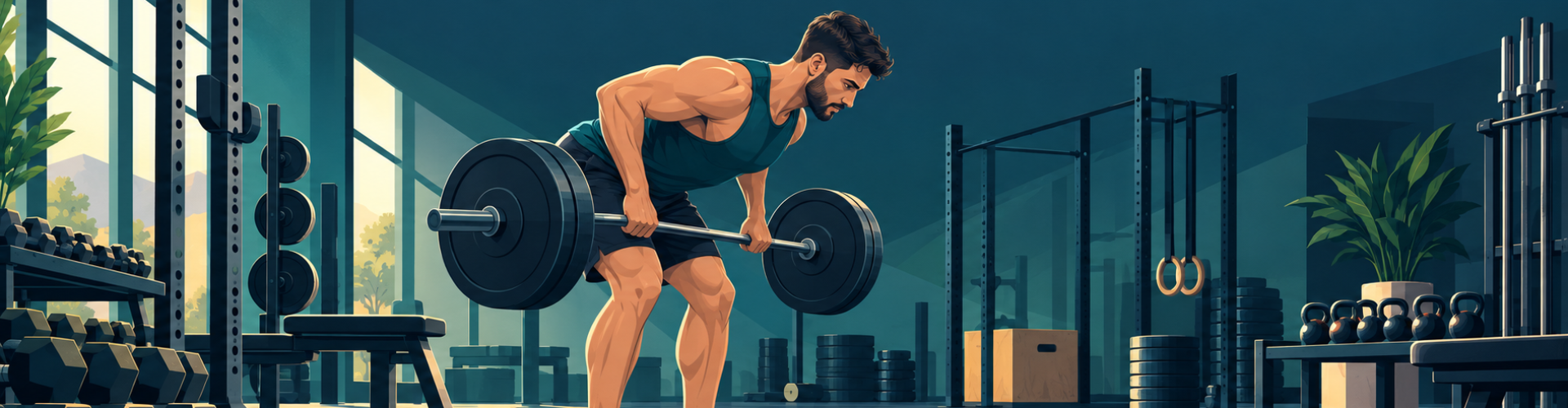 Remo con barra en un gimnasio, con el tronco inclinado y estable